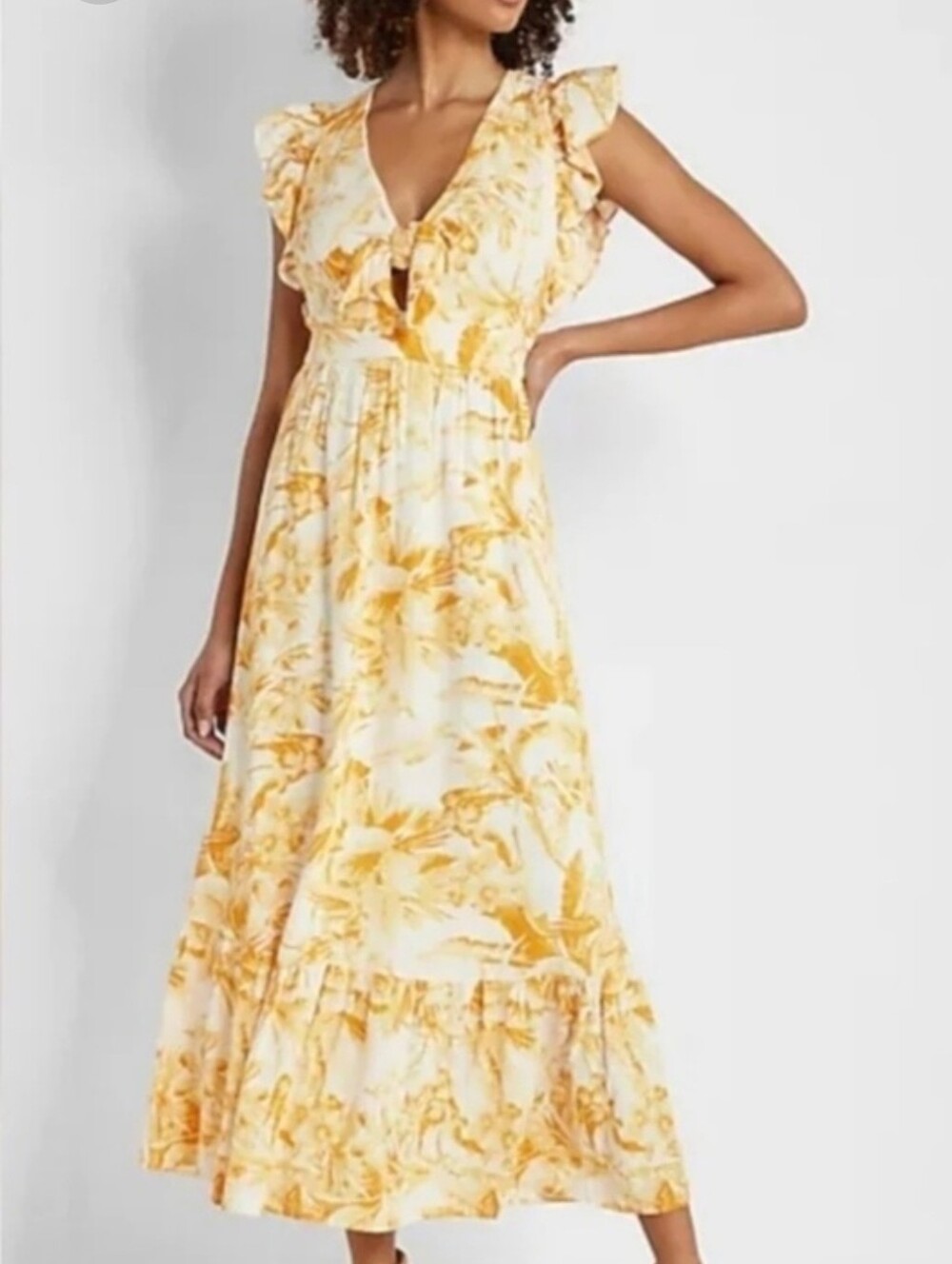 Express Yellow and White Floral Maxi Dress with Tie-Front